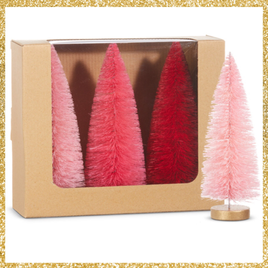 Pink Bottle Brush Trees Box of 3 Pink Christmas Decorations