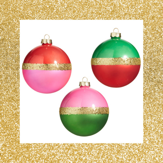 Dual Color Ornaments Set of 3 Red Green and Pink Christmas Glass Ornaments