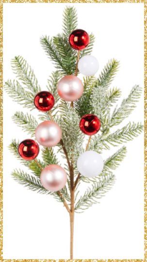 Cedar Multicolor Ball Ornament Spray 25" White Pink and Red Christmas Ornament Spray