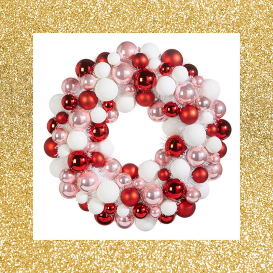 Multicolor Ball Ornament Wreath 22" White Pink and Red Wreath
