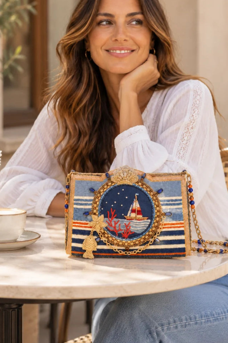 Mary Frances Set Sail Sailboat Beaded Nautical Crossbody Handbag