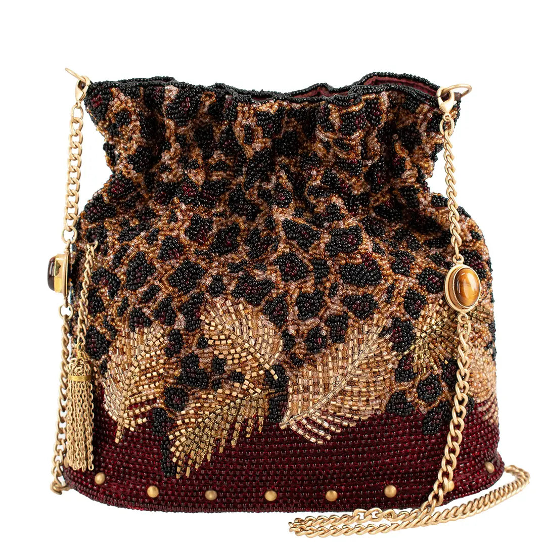 Mary Frances A Little Wild Beaded Leopard Print Crossbody Bucket Shoulder Bag