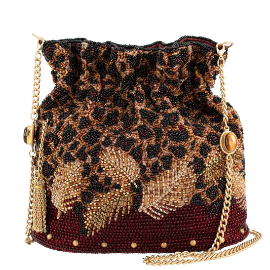 Mary Frances A Little Wild Beaded Leopard Print Crossbody Bucket Shoulder Bag