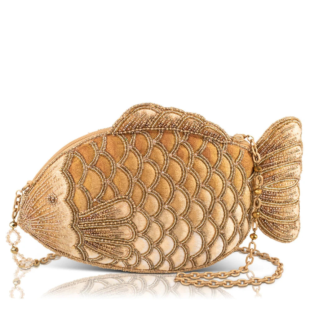 Mary Frances Fresh Catch Gold Beaded Fish Shaped Crossbody Handbag