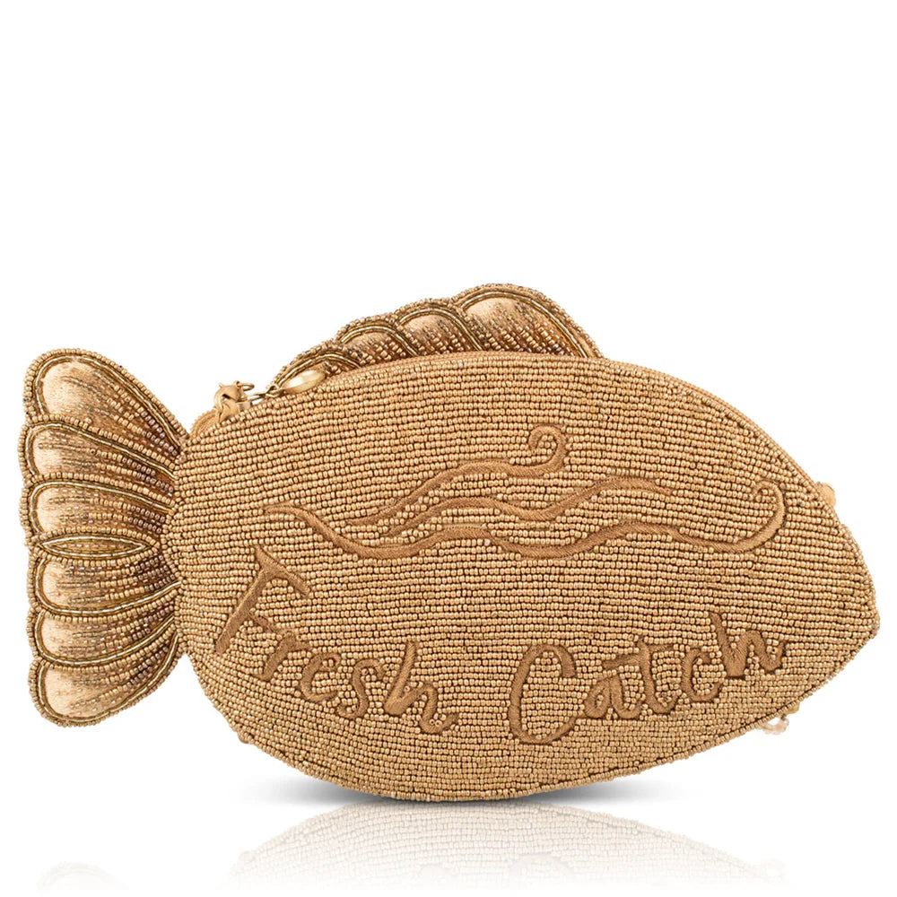 Mary Frances Fresh Catch Gold Beaded Fish Shaped Crossbody Handbag