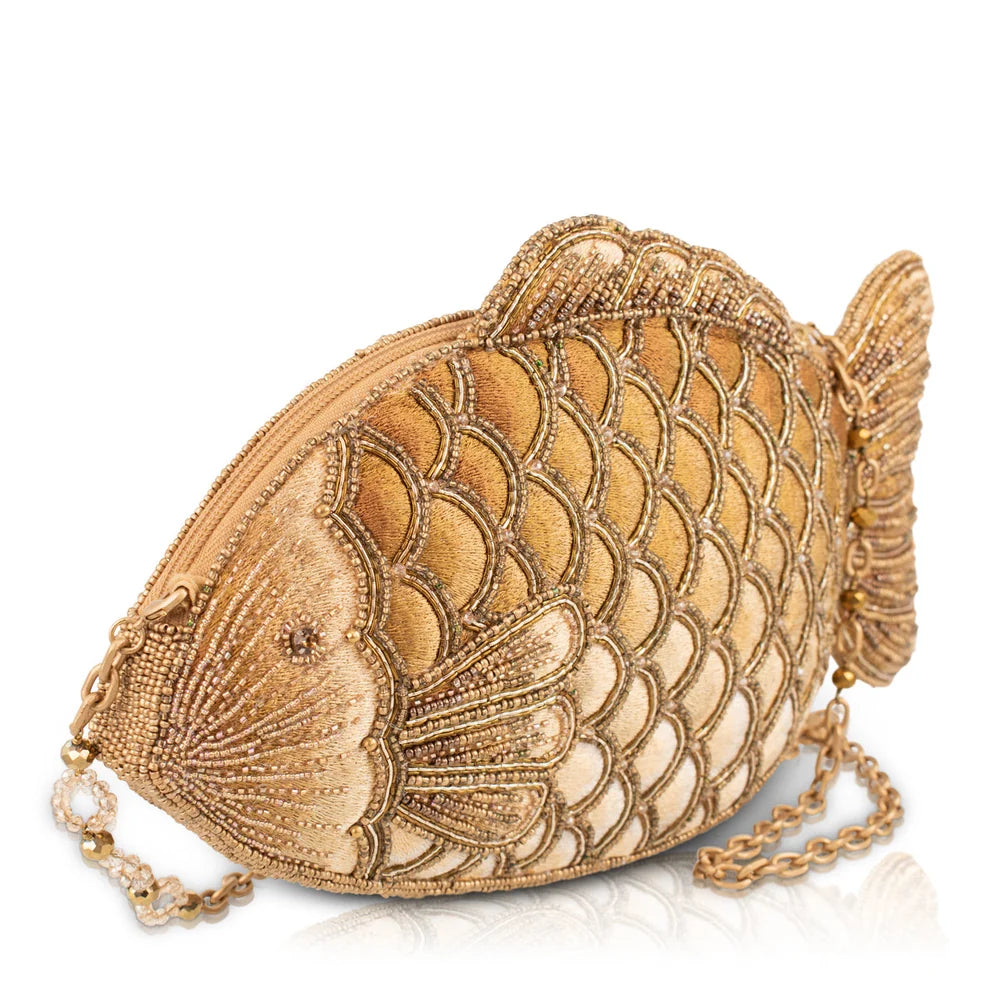 Mary Frances Fresh Catch Gold Beaded Fish Shaped Crossbody Handbag