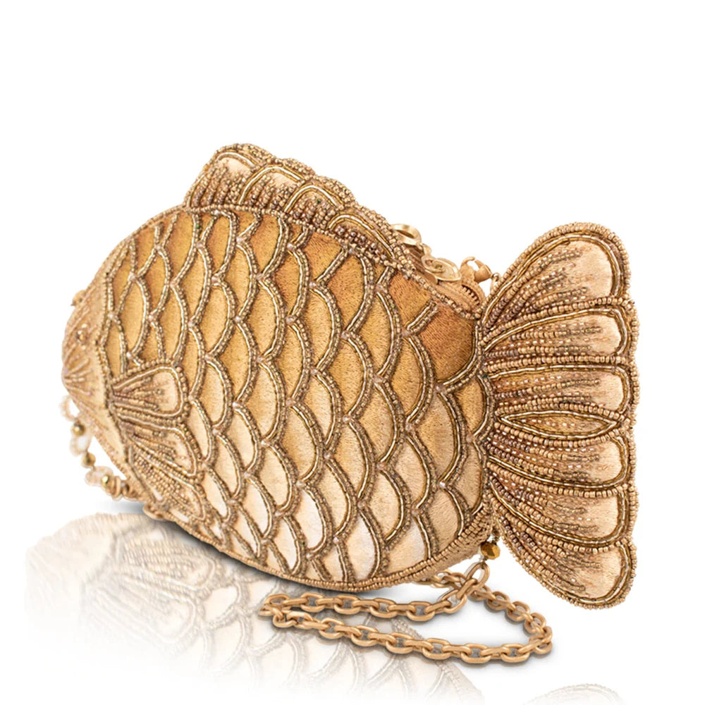 Mary Frances Fresh Catch Gold Beaded Fish Shaped Crossbody Handbag