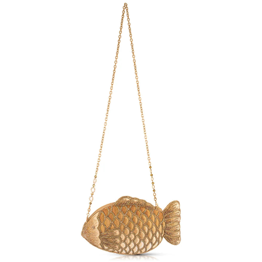 Mary Frances Fresh Catch Gold Beaded Fish Shaped Crossbody Handbag