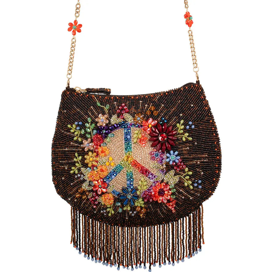 Mary Frances Peace & Light Beaded Peace Sign Crossbody Bag  Floral Boho Shoulder Handbag