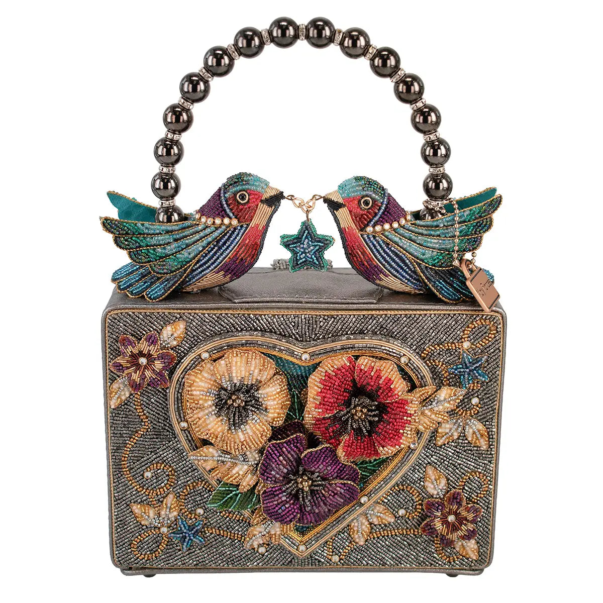 Mary Frances Fluttering Heart Beaded Floral Top Handle Bag Handbag   Mary Frances Lovebirds Hummingbirds Bag