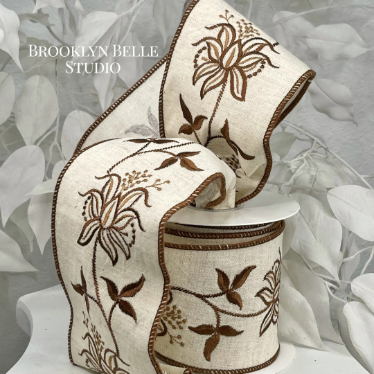 Brown Embroidered Floral Ribbon