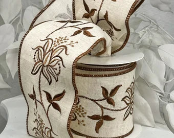 Brown Embroidered Floral Ribbon