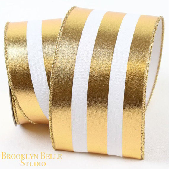 Sturdy Ribbon Farrisilk White and Gold Stripe Extra Sturdy Designer Wired Ribbon ...