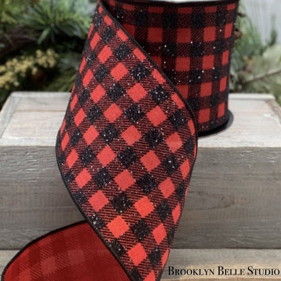 10 Yards X 2.5 Inch Buffalo Check Red With Black Glitter Wired Ribbon By D. Stevens