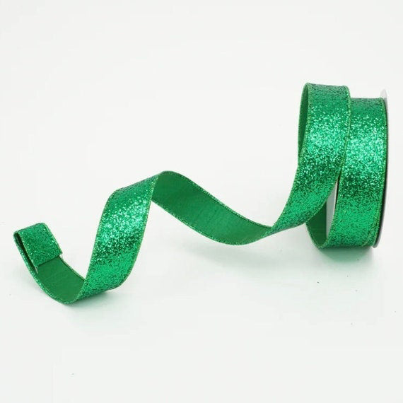 1.5 Inch Farrisilk Emerald Green Chunky Glitter wired Designer Ribbon ...
